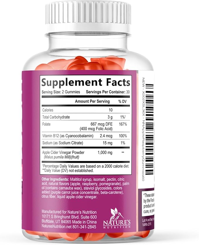 Apple Cider Vinegar Gummies 1000mg per Serving - Sugar Free Max Strength ACV Gummy Vitamins Supplement, Advanced Formula, Vitamin B12 Supports Metabolism & Energy, Keto Friendly, Vegan, 60 Gummies