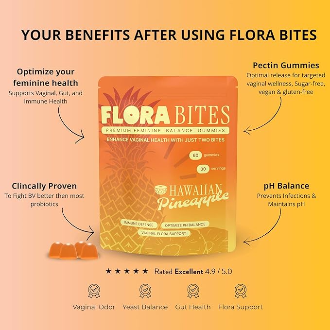 Premium Feminine Balance Gummies – pH Balance & Yeast Infection Support – Women’s Health & Wellness - Vegan & Gluten-Free – Hawaiian Pineapple Flavor – 60 Gummies (30 Servings)