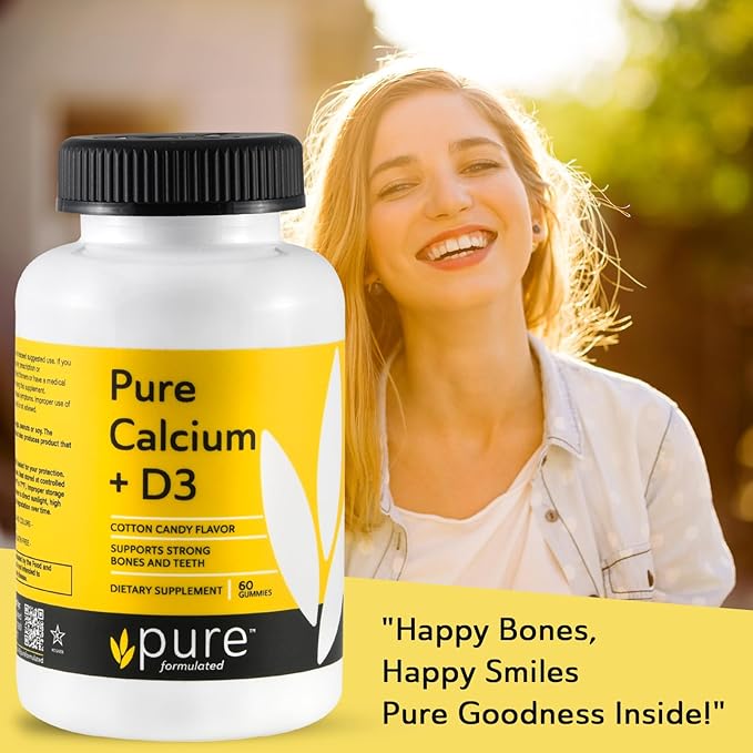 Vegan Calcium with Vitamin D3 Strong Bone & Teeth Support Calcium with 1000 IU D3 Gummies for Adults & Kids, Kosher, Gluten-Free, Dairy-Free, 60 Gummies