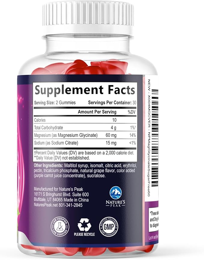 Magnesium Glycinate Gummies - Sugar Free - 100% Chelated Magnesium Gummy Supplement for Max Absorption - for Sleep Support & Heart, Muscle & Bone Health - Gentle on Stomach, Grape Flavor - 60 Gummies