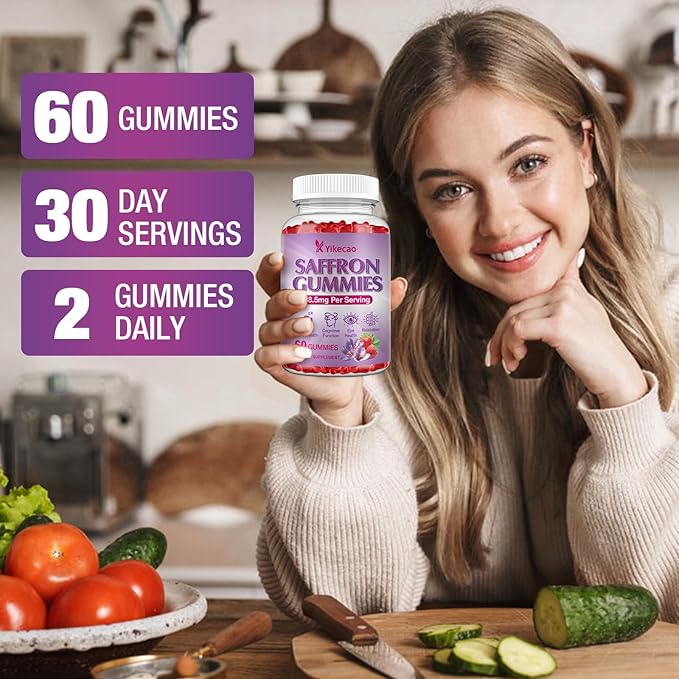 2 Pack Saffron Supplements Gummies for Kids & Adult, 88.5mg Saffron Extract with Vitamin D3, B6, Magnesium, Ashwagandha, L-Theanine for Clam, Energy, Focus, Sugar-Free, Strawberry Flavor, 120 Count