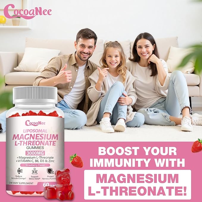 3000mg High-Potency Liposomal Magnesium Threonate Gummies, Magnesium L-Threonate Supplements, Liposomal Enhance 98% Absorption, Muscle & Nervous System Support for Adults & Kids, Strawberry Flavor