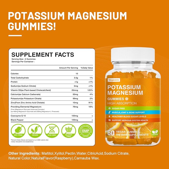Potassium Magnesium Gummies - Magnesium Glycinate B6,D3 & Potassium Citrate for Leg Cramps,Muscle,Electroyte for Adults Kids,Sugar-Free - 60 Orange Gummies