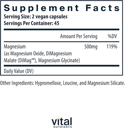 Vital Nutrients Triple Magnesium Complex Supplement | Vegan Magnesium Glycinate, Malate & Oxide 250mg | Easily Absorbed Magnesium Supplement for Stress, Muscle, Heart, Bone Support | 90 Capsules