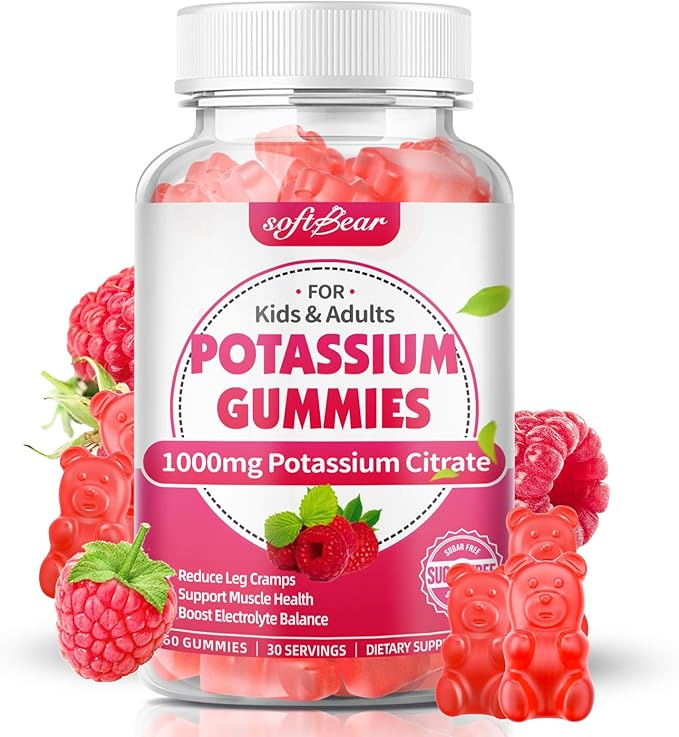 softbear Potassium Citrate 1000mg Gummies – Suagr Free Potassium Gummies for Muscle Support & Electrolyte Balance – Potassium Supplement for Women & Adults, Vegan, Raspberry Flavor (60 Count)
