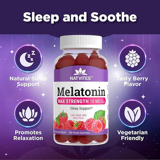 Melatonin Gummies Max Strength 10mg Pectin Gummies, Helps with Sleep Support, Berry Flavor Gummy, 100% Drug Free, 180 Count (Pack of 1)