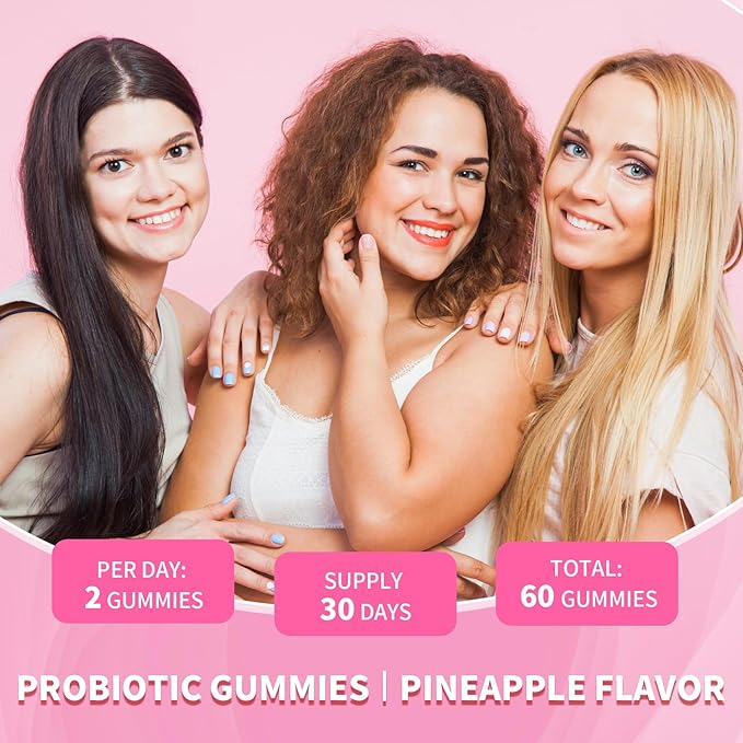 Women's Probiotics Slippery Elm Gummies, Her Juicy Feminine Probiotics Gummies Support pH Balance, Gut Health & Immune System, Sugar-Free, Pineapple Flavor, 60 Count