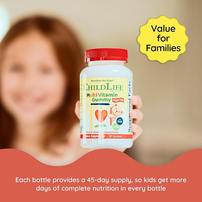 CHILDLIFE ESSENTIALS Multivitamin Gummies for Kids - Children's Vitamins, Kids Multivitamins with DHA, Sugar Free - Natural Strawberry, 90 Count