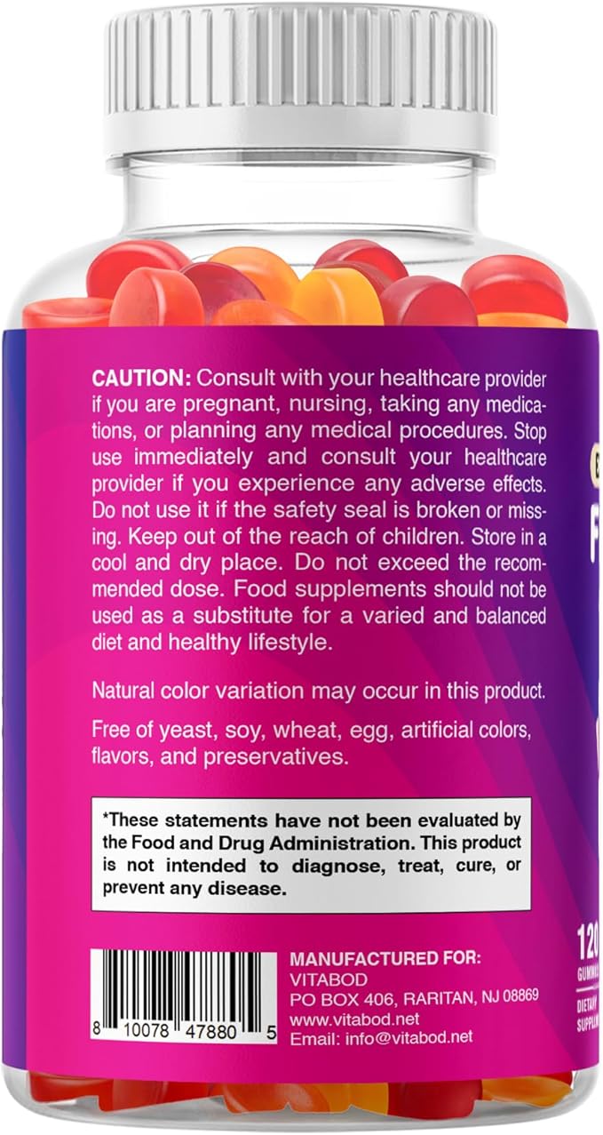 Vitabod Fiber Gummies 7G Per Serving for Digestive Health & Regularity, Prebiotic GOFOS™ Plant-Based Fiber, No Sugar Added, Vegan, Berry Peach Strawberry, 120 Gummies (Adults, Women & Men)