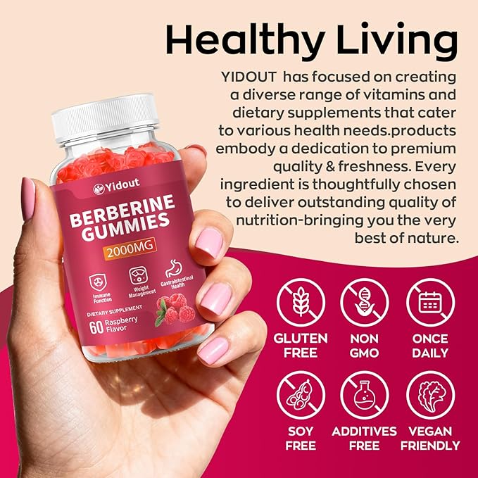 Berberine Gummies 2000mg-Natural High Potency Berberine HCL Supplement - Immune System & Metabolism Support - Vegan, Non-GMO - Delicious Raspberry Flavor (60 Count(Pack of 2))