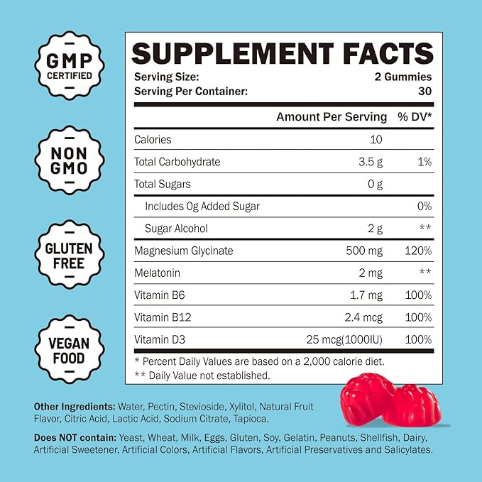 Magnesium Glycinate Gummies 500mg for Adults Sleep Support, Chewable Magnesium Gummies for Women & Men, Muscle Relief & Magnesium Supply (60 Count)