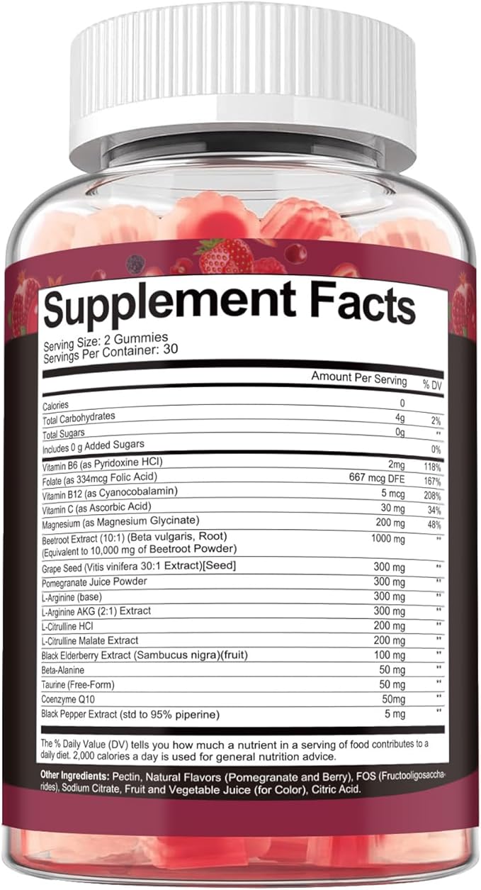 Totaria Beet Root Gummies - Beetroot Supplement with Grape Seed, Pomegranate, Vitamin C, B12 & B3 - Nitric Oxide Gummies for Heart, Energy, Muscle & Circulation Support Vegan, Non-GMO, Sugar Free