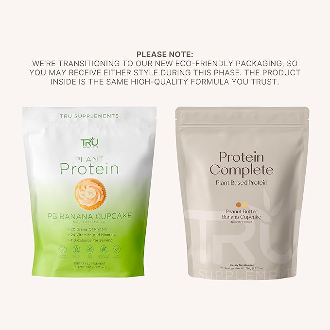 TRU Plant Based Protein Powder, BCAA, EAA, 20g Vegan Brown Rice & Pea Protein, 100 Calories, 27 Vitamins, No Artificial Flavors 25 Servings (Peanut Butter Banana Cupcake)