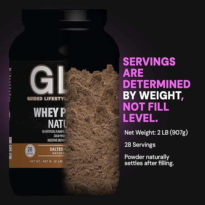 GLO Health Foods Cold-Processed Whey Protein - Salted Caramel Flavor - 24g Protein per Serving - Whey with Digestive Enzymes & BCAAs - Supports Muscle Growth, Strength & Recovery - 2 LB (28 Servings)