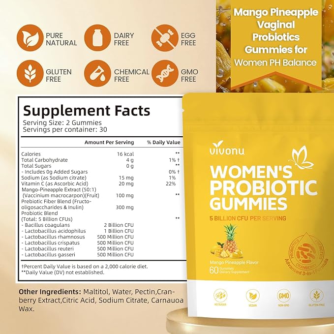 VivoNu Pineapple Gummies for Women Ph, Women Probiotic Gummies, Feminine Balance Gummy, Mango Pineapple Viginal Probiotics for Woman Vaginigal Health, Yeast Ph Balance