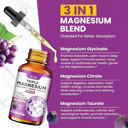 2 Pack Liquid Magnesium Glycinate Supplement, Calm Magnesium Citrate, Taurate Drops with Omega 3, Zinc, Ashwagandha, L-Theanine, Chamomile for Sleep, Mood, Stress Relief, Bone, Muscle, Grape Flavor