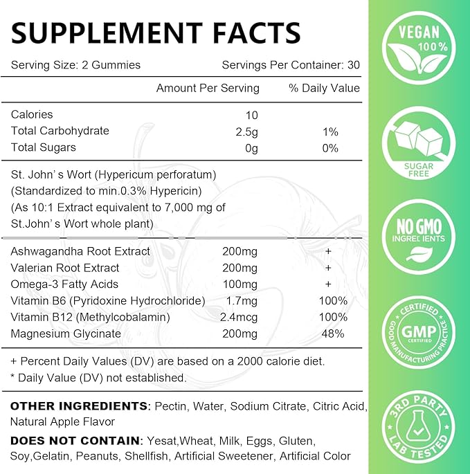St John's Wort Gummies 700mg, Natural Herbal Supplement for Adults & Kids, Support Calm, Relaxation & Brain Health, Vegan, Non-GMO, Gluten Free, Apple Flavor, 60 Count