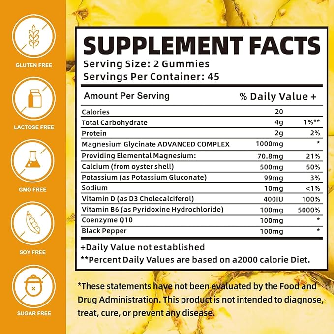 Magnesium Glycinate Gummies 1000mg with Magnesium L-Threonate,Chelated Magnesium Potassium Complex Supplement with VitD, B6, CoQ10, Calcium,Supports for Memory, Calm, Mood-180 Mango Pineapple Gummies