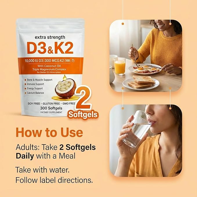 ELVERA Vitamin D3 K2 Magnesium Complex, Extra Strength D3 & K2 with Triple Magnesium Softgels, D3 K2 Vitamin 10000 IU Softgels(1)