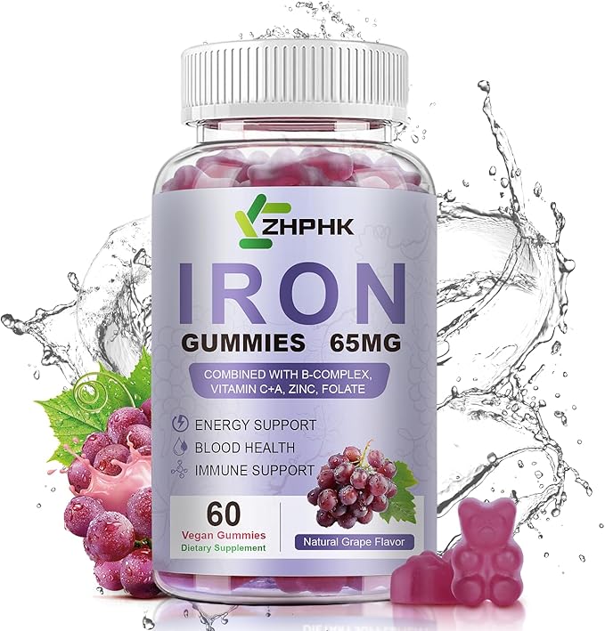 ZHPHK Iron Supplement for Women and Men, Grape Flavored Gummies 65mg and 250mg Vitamin C & Folate for Iron Deficiency and Anemia, Energy Support & Immune Health, 60 Count