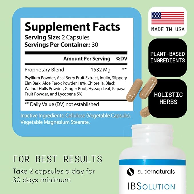 SuperNaturals IBSolution - Made in USA, Non-GMO, Gluten Free & Vegan (60 Capsules) - Digestive Gut Health Supplement With Psyllium Husk - Gas, Bloating, Diarrhea, Constipation Relief, Abdominal Pain