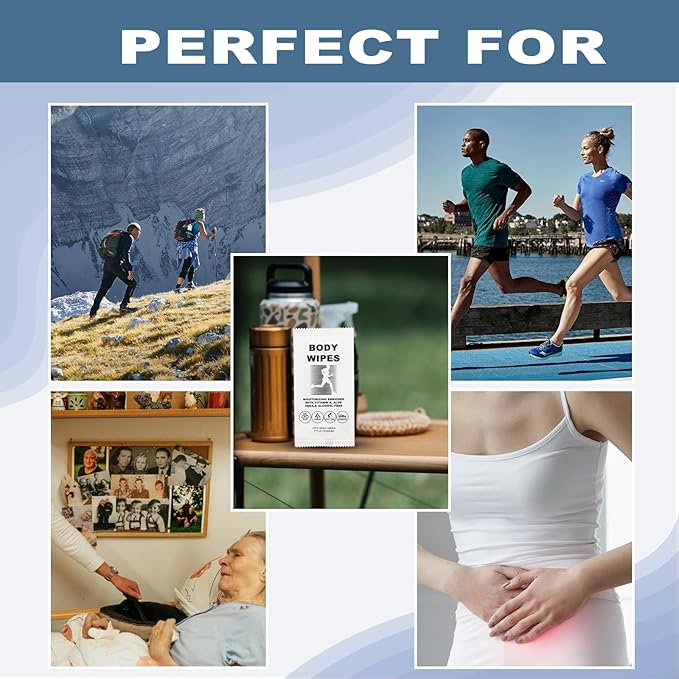 twoworld Body Wipes for Women and Men, Individually Wrapped Face and Body Wipes, No Rinse Personal Cleansing Wipes, Travel Size, 50 Count