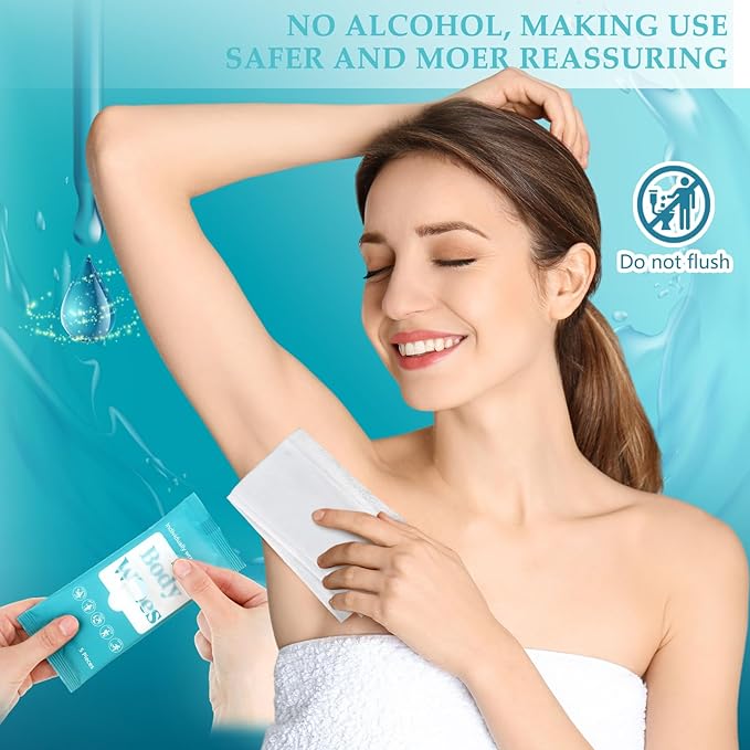 300 Pcs 60 Pack Body Wipes for Adults Bathing No Rinse Individually Wrapped Shower Wipes Washcloth with Aloe Cleansing Body Wash Cloths Disposable Bulk Deodorant Homeless(Blue Background)
