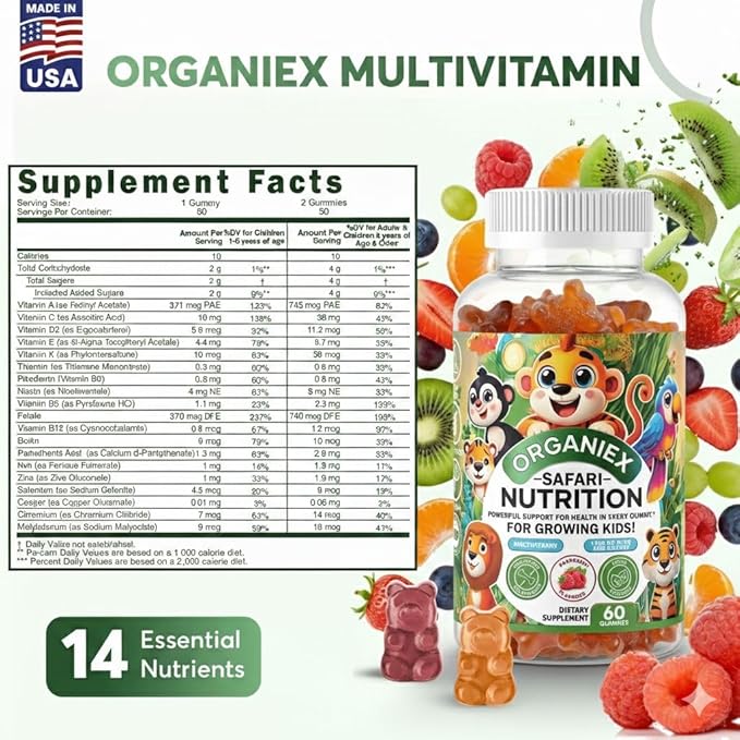 Kids Multivitamin Gummies with Iron & Zinc (Ages 2+) | Daily Kids Vitamins with Vitamin C, D3, B12 & Folate | Vegan, Non-GMO, Gluten-Free, Pectin-Based | Raspberry Flavor | 60 Count