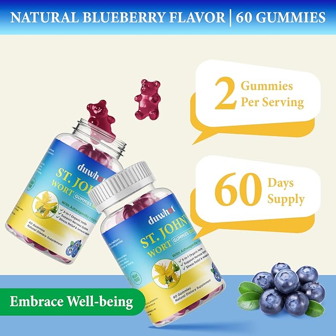 duwhot St John's Wort Gummies 600mg, 3 in 1 Organic Herbal Supplements for Stress Relief, Nervous System Support, with Ashwagandha & Holy Basil Extract for Adults & Kids, Non-GMO, Vegan, 120 ct.