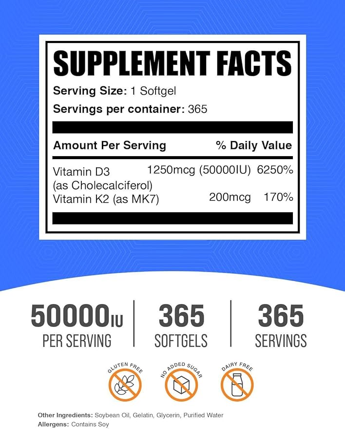 BulkSupplements.com Vitamin D3 50,000IU + Vitamin K2 200mcg Softgels - 365 Count (Pack of 1)