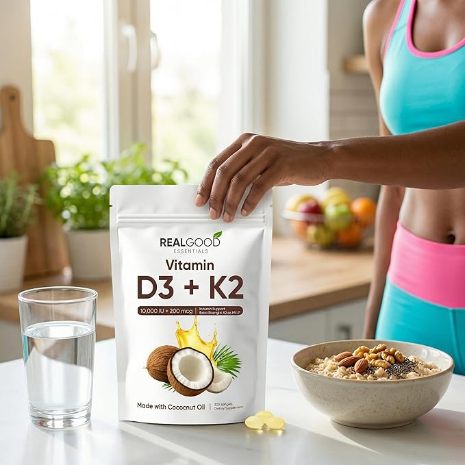 Real Good Essentials Vitamin D3K2 – 300 Softgels,High Absorption Softgels for Bone, Heart & Immune Support – Virgin Coconut Oil, Easy to Swallow