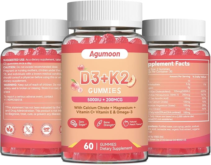 Vitamin D3 K2 Gummies for Adults - Vitamin D3 5000IU + K2 (MK-7) 200mcg, with Calcium Citrate, Magnesium Citrate, Omega-3 for Bone, Muscle, Teeth Immune - 120 Gummies