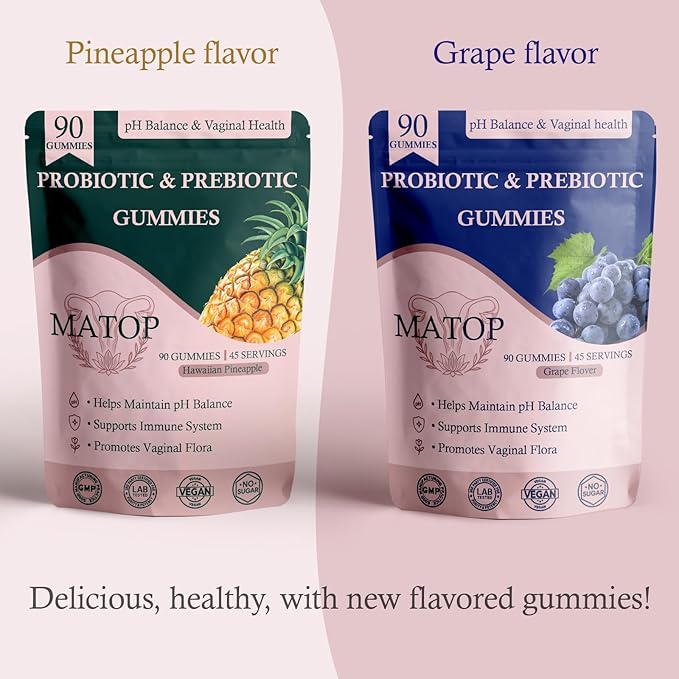 MATOP Probiotic Prebiotic pH Balance Gummies - Vaginal Health Gummies for Women Pro + Prebiotic with Pineapple Flavor, Vegan, Sugar-Free – 90 Gummies (45 Servings)