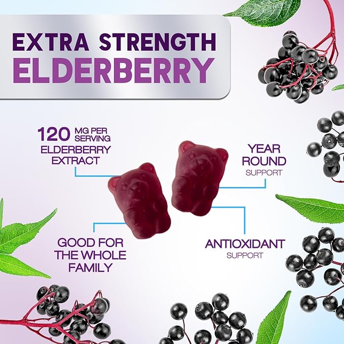 Elderberry Immune Support Gummies - Elderberry Extract Sambucus Nigra - Black Elder Berry Vitamin Supplement - Natural, Daily Immune Support Kids & Adults Love - Delicious Berry Flavor - 120 Gummies