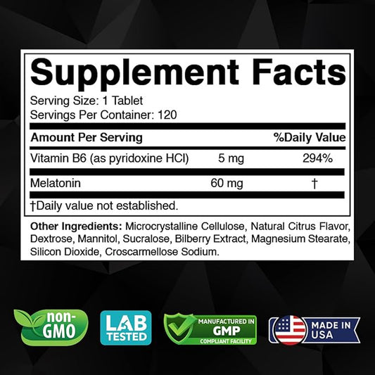 Melatonin 60 mg with Vitamin B6 – 120 Fast Dissolve Tablets Extra-Strength Sleep Support – Drug-Free – Natural Citrus Flavor – Vegetarian, Non-GMO, Gluten-Free