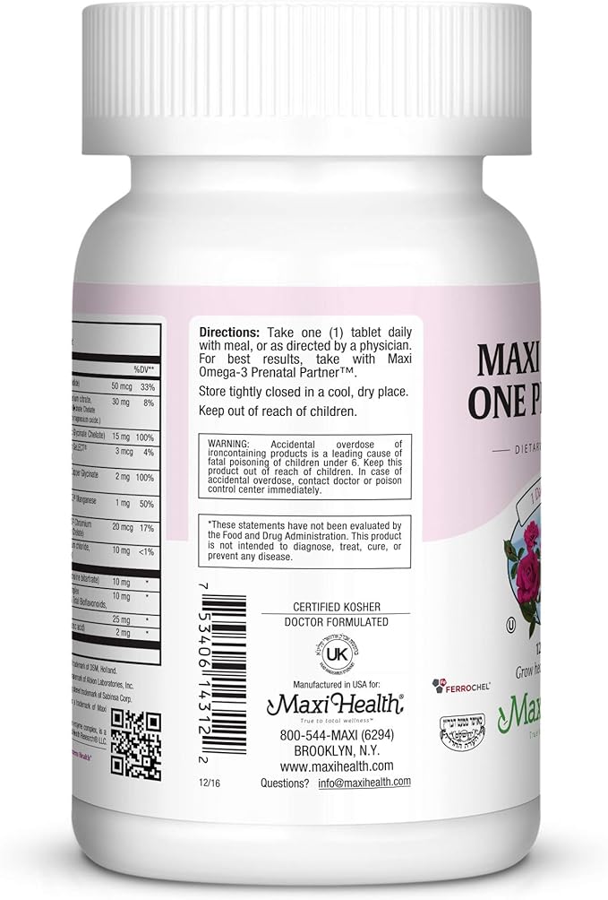 Maxi Health Prenatal Vitamins for Women – One Daily Prenatal Vitamins with Iron, Folate, Choline, Vitamin D3, and Essential Nutrients – High Absorption Supplement – 120 Day Supply