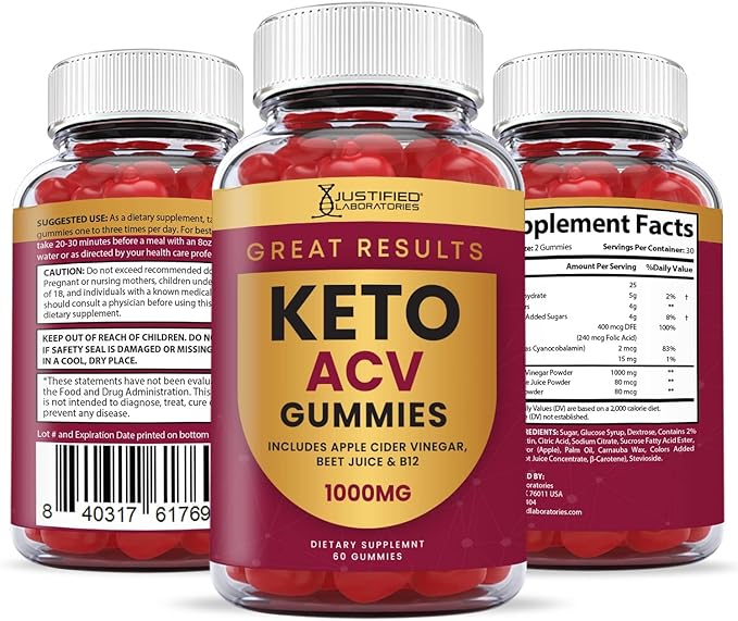 Justified Laboratories (2 Pack) Great Results Keto ACV Gummies 1000MG with Pomegranate Juice Beet Root B12 120 Gummys