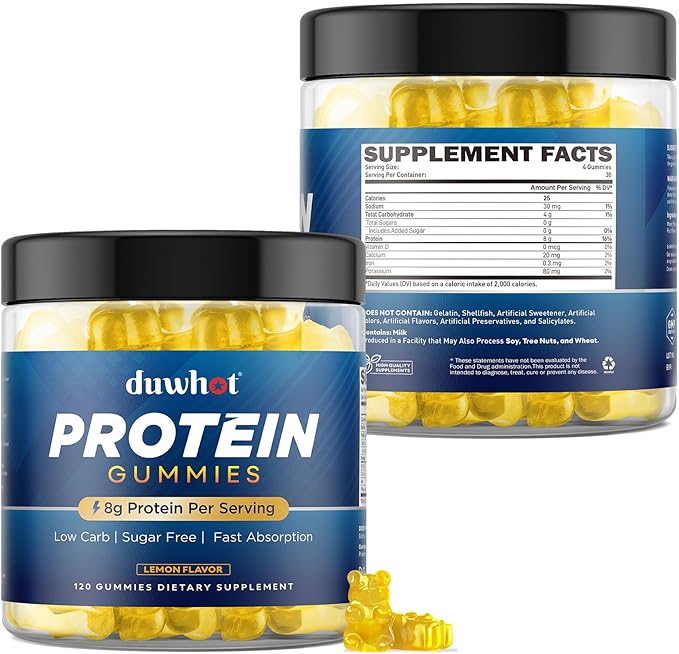 duwhot Whey Protein Gummies Sugar Free, Low Calorie 8g Protein Per Serving, Easy to Take Snacks for Men & Women, Lemon Flavor, 1 Month Supply, 120 Chews