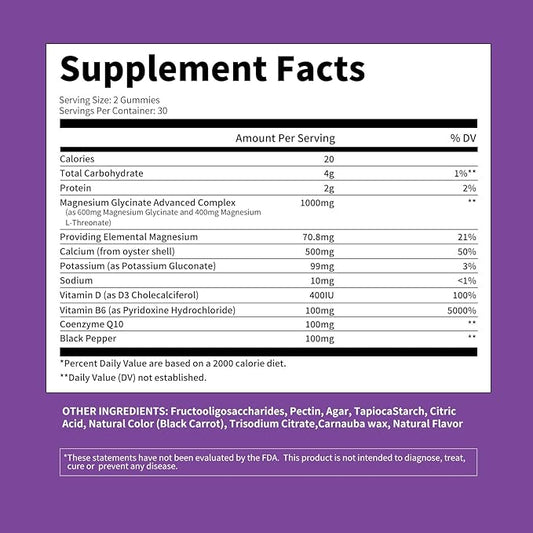 Magnesium Glycinate Gummies 1000mg - Sugar Free Magnesium Potassium Supplement with Vitamin D, B6, CoQ10 for Calm Mood & Sleep Support - 120 Blueberry Gummies