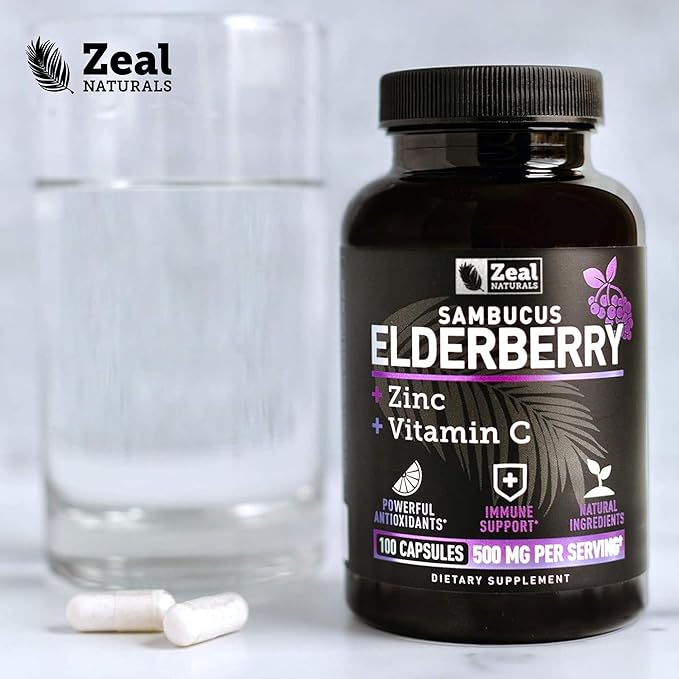 Zeal Naturals Max Strength Elderberry Capsules - 500mg, 100 Capsules | Sambucus Black Elderberry, Vitamin C, and Zinc | 3-in-1 Immune Support Supplement for Adults