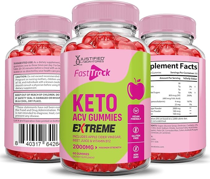 Fast Track Keto ACV Gummies Extreme 2000MG Fasttrack Keto Gummies Apple Cider Vinegar Formulated with Pomegranate Beet Juice Powder B12 Vegan Non GMO 60 Gummys