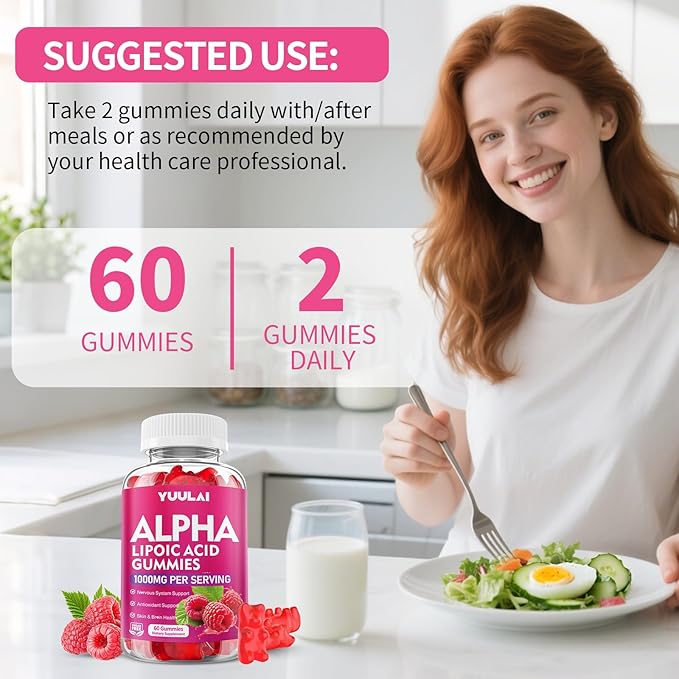 Pack of 2 Alpha Lipoic Acid Gummies 1000MG with Biotin, High Absorption Chewable ALA Supplement for Antioxidant, Brain Health and Nerve Support, Raspberry Flavor, 120Count