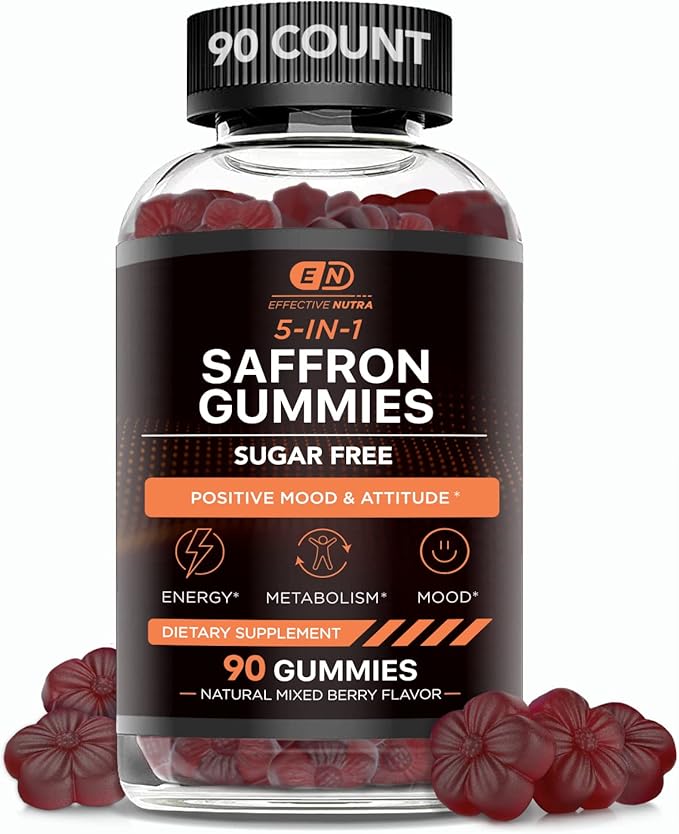 Effective Nutra Saffron Gummies for Adults 88.5mg - Mood Support & Stress Relief with GABA, Passion Flower - 5-in-1 Formula - Sugar-Free, Vegan, Non-GMO, Made in USA - 90 Count (45-Day Supply)