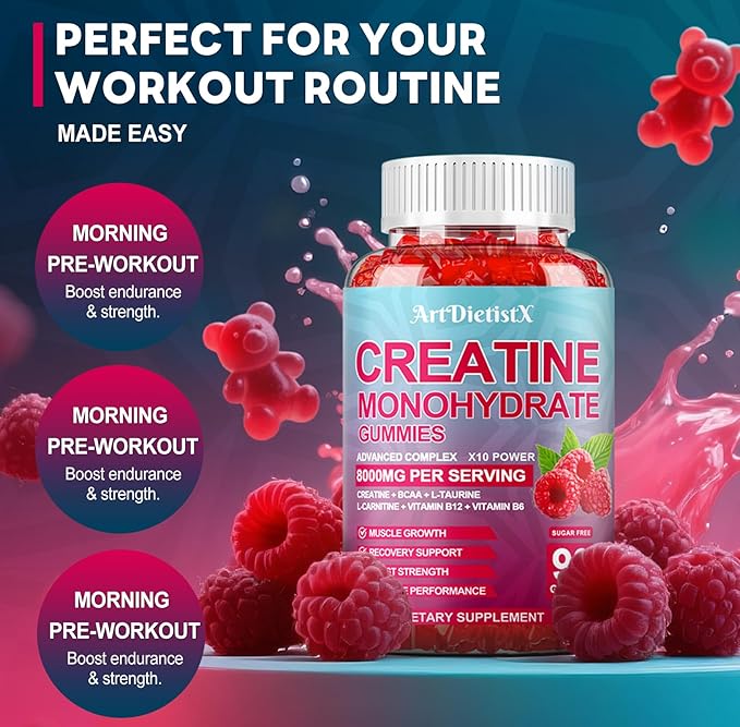 Creatine Monohydrate 8000mg Gummies with BCAA, L-Carnitine, Taurine & Vitamin B12 - Pre Workout Supplement for Muscle Growth, Strength & Energy, Raspberry Flavor Gummies, 90 Count for Men & Women