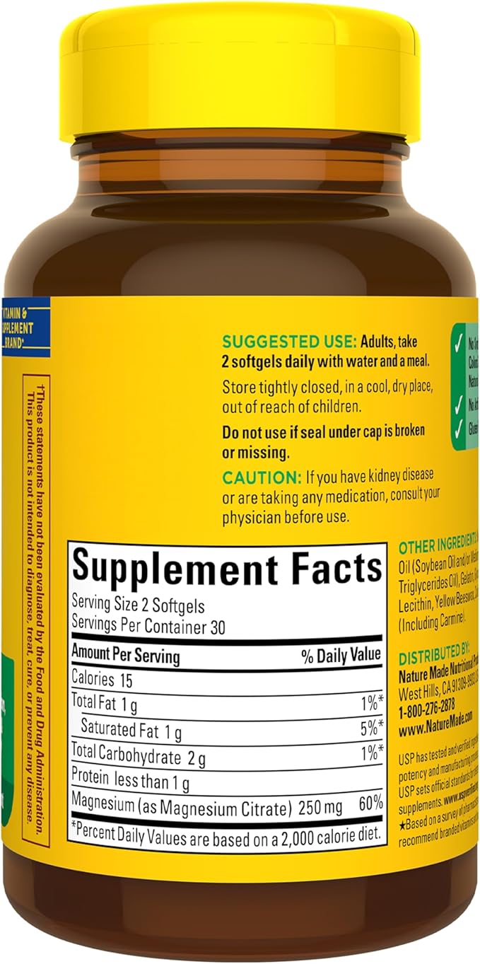 Nature Made Magnesium Citrate 250 mg per serving, Magnesium Supplements for Men and Women, Supports Muscle, Nerve, Bone and Heart, 60 Softgels, 30 Day Supply