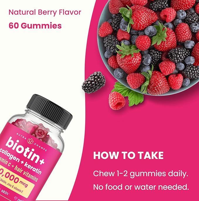 NutraChamps Biotin Gummies 5000mcg with Collagen, Keratin & More – Hair Skin and Nails Vitamins for Women & Men – Support Normal Hair Growth Cycle - Enhanced with Vitamin C, D3, Zinc