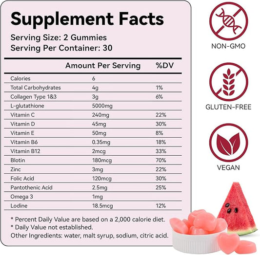 Laicuherb Glow Gummies for Women Skin & Nails Care, 60 Count Watermelon Flavor Collagen Glowing Skin Gummies for Skin Brightening, Organic Chewable Vitamins, Vegan, Gluten-Free