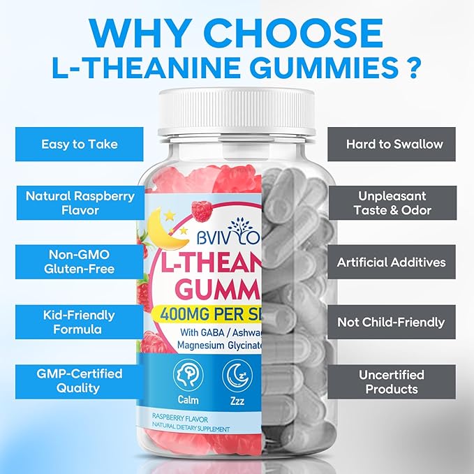 L-Theanine Gummies with L-Theanine 400 mg, Ashwagandha, GABA, 5-HTP, Magnesium Glycinate for Calm, ZZZ & Relaxation Support - Vegan, Raspberry Flavor, 120 Count