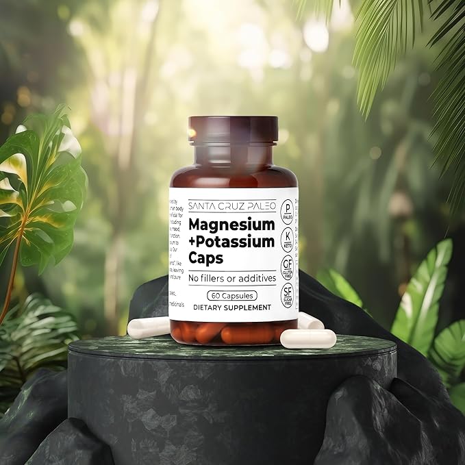 Santa Cruz Paleo Magnesium + Potassium Caps, Supplement for Men and Women, Paleo, Keto, Sugar & Gluten Free, Magnesium Glycinate 166mg and Potassium Citrate 38mg per Serving, American Made, 60 Caps
