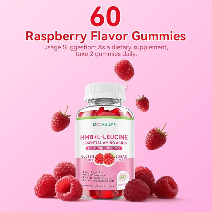 HMB & L-Leucine Gummies with Calcium, Amino Acid Supplement, L Leucine Supplements for Men & Women, Raspberry Flavor, 60 Count